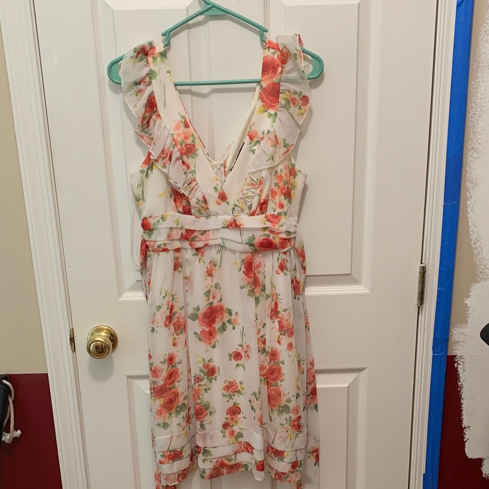 City Studio White Dress with Green and Red Floral Pattern